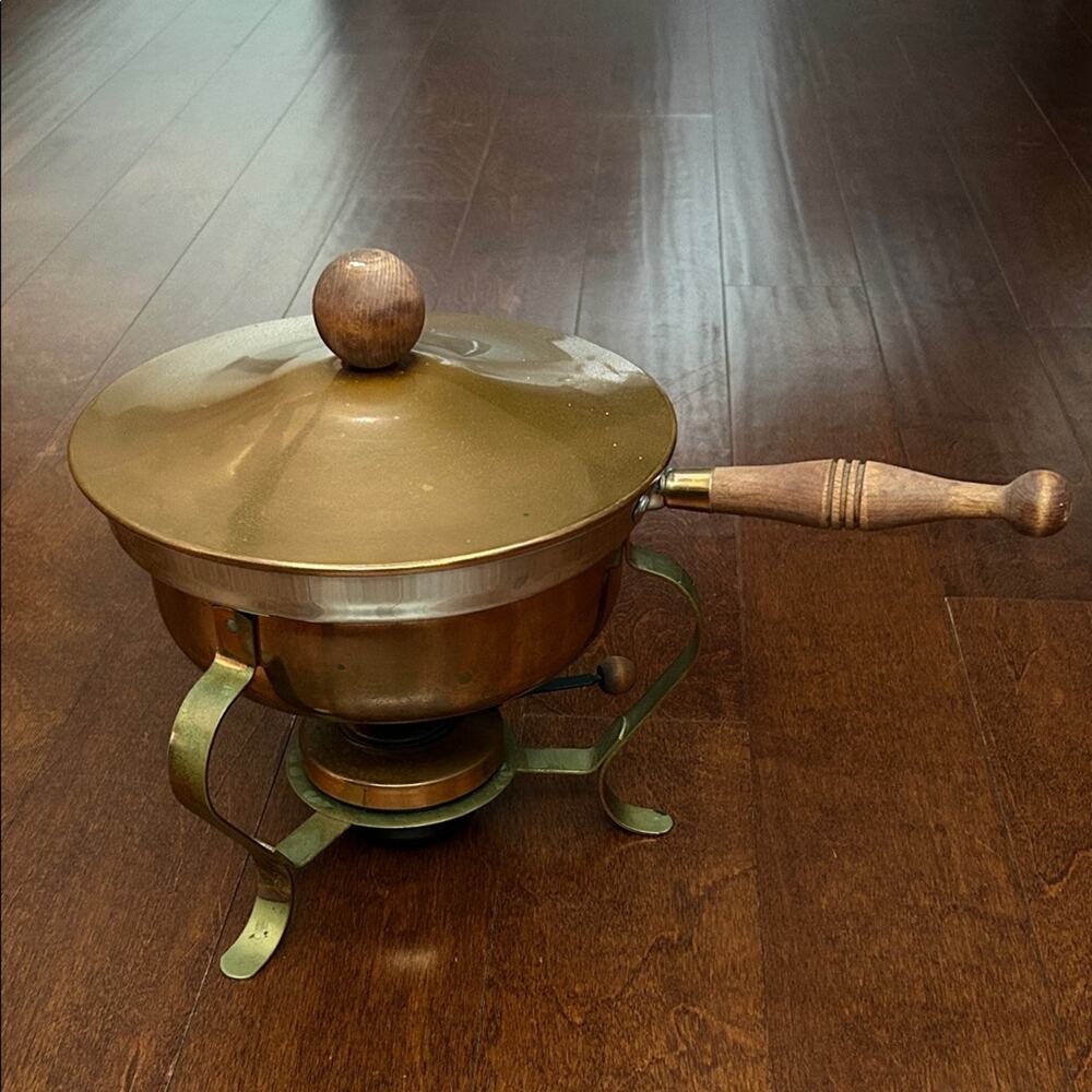 Vintage Brass Chafing Set, Copper with a Wooden Handle, Mid Century Modern